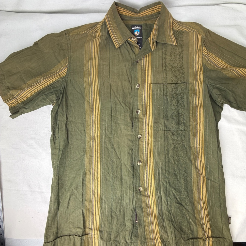 Kuhl Mens Small Green Striped Embroidered Short Sleeve Button Down Cotton Shirt